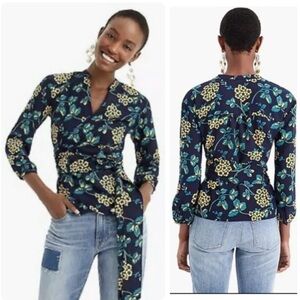 NWT J Crew Floral Wrap Blouse Crepe Navy and Gold Tie Long Sleeve Size XXS NEW